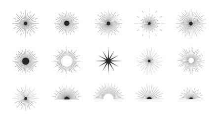 Obraz premium Sunburst icons feature various starburst and radial line patterns designed for decorative graphic elements.