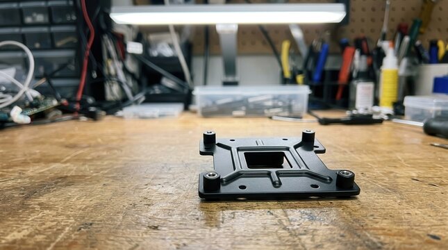 A precision engineered black metal CPU cooler mounting bracket resting on a textured wooden workbench within a professional electronics repair workshop setting