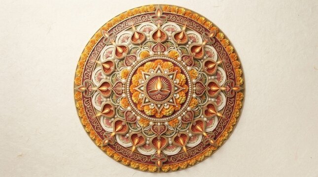 Intricate traditional clay diya mandala pattern design with terracotta, circular
