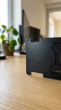 A sleek brushed metal graphics card backplate resting on a clean wooden desk