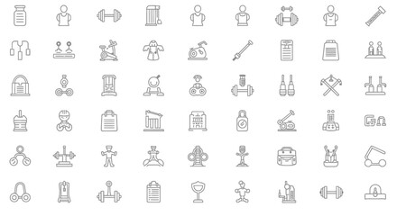 Fototapeta premium Icons representing fitness training and gym equipment are arranged in a clean grid for UI design purposes.