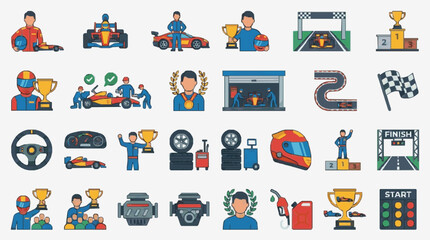 Obraz premium Clean Flat Set of Racing Themed Icons with Drivers Cars Trophies and Track Elements in Bright Colors
