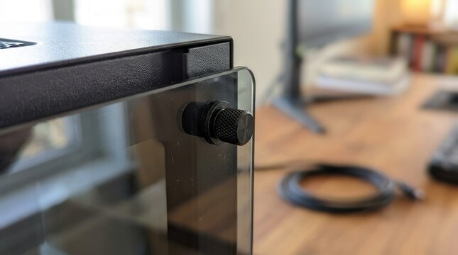 Tempered glass PC case panel secured with a sleek black knurled thumbscrew on a wooden desk