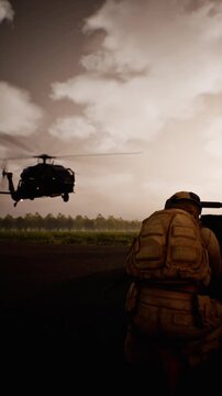 Vertical view of military battle tank, helicopter and soldiers on land with three fighter jets flying overhead, 3D animation