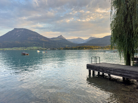 a wooden pier at Lake Wolfgang in St. Wolfgang, Salzkammergut, Austrian Alps	