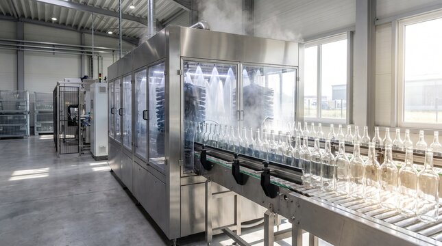 Automated glass bottle production line in modern industrial factory.