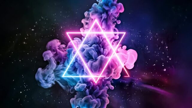Abstract neon glowing star david with colorful ink clouds