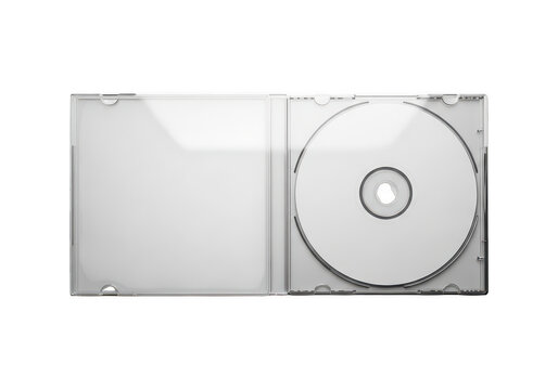 Open empty plastic cd or dvd jewel case with disc isolated on transparent background
