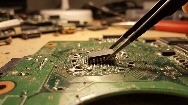 Electronics technician using tweezers to install microchip on circuit board.