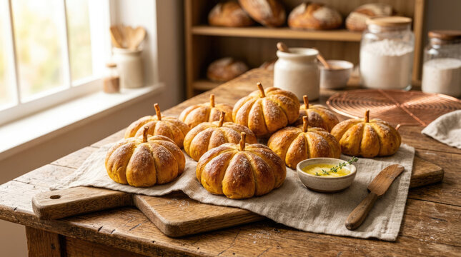 Fresh pumpkin shaped bread rolls on a rustic wooden board in a cozy kitchen for autumn holiday food concept