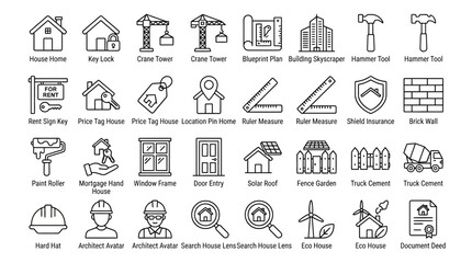 Fototapeta premium Construction icons feature detailed architectural planning tools and residential building development symbols.