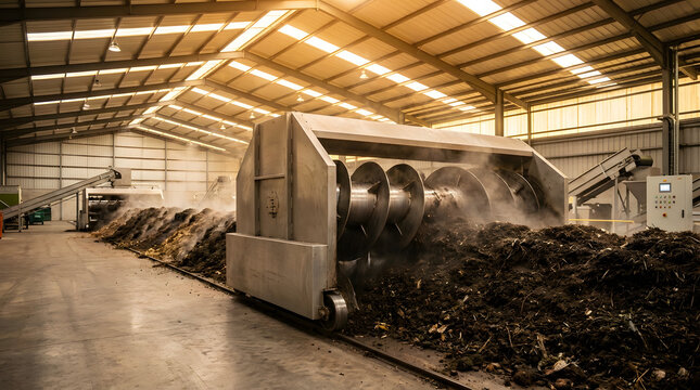 Industrial composting machine processing organic waste in a large warehouse facility.