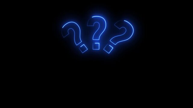 Glowing neon question marks animation, blue light symbolizing mystery and inquiry on black background