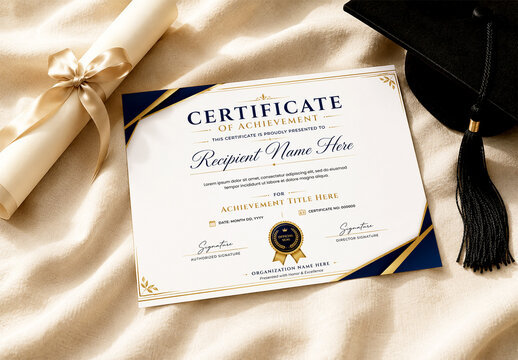 Elegant Certificate of Achievement Mockup with Graduation Cap and Diploma Scroll