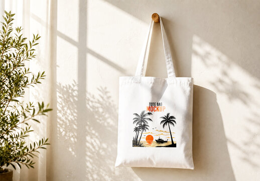 Hanging Tote Bag Mockup on Wall