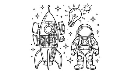 Astronaut and rocket with gears and a lightbulb on white background, line art illustration