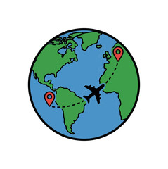 Fototapeta premium Airplane flying over world globe with location pins on white