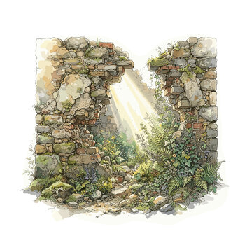 Broken wall with streaming growth light conceptual illustration for motivation articles, personal development blogs, recovery presentations, and resilience website graphics