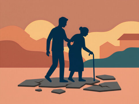 Silhouette helping elderly person cross damaged area flat vector illustration