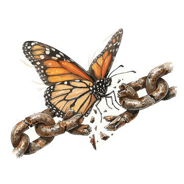 Butterfly emerging from broken chain conceptual illustration for freedom blogs, independence day designs, transformative business articles, and liberation awareness graphics