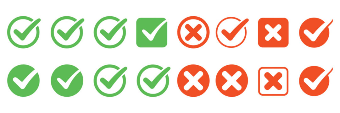 check tick mark and cross icon set featuring hand drawn checkbox, x mark, v symbol, circle, list and checklist doodle elements.