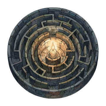 Candle flame illuminating dark maze conceptual illustration for problem solving articles, leadership blogs, guidance presentations, and strategy website headers