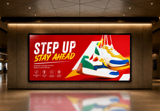Horizontal Indoor Billboard Mockup in Subway Station Corridor
