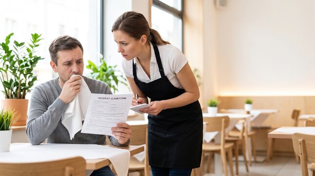 Sick customer holding incident claim form next to restaurant waitress