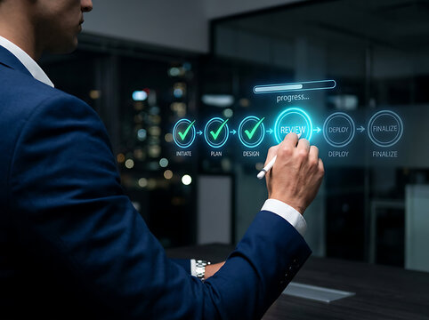 Professional businessman interacting with a futuristic digital project management process interface using a stylus pen.