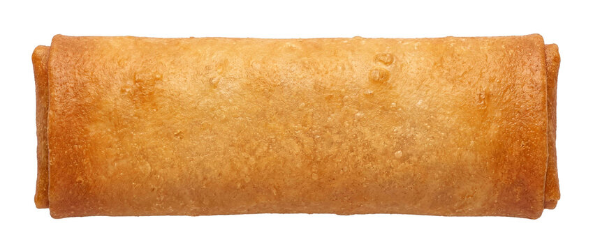 Horizontal view of single crispy fried spring roll transparent isolated element featuring traditional savory crunchy egg roll