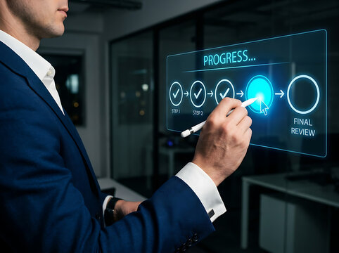 Businessman tapping a glowing digital project process timeline interface with stylus in modern office setting.