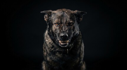 Naklejka premium Snarling Dog Showing Teeth on Black Background