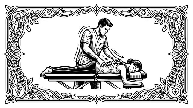 Professional Chiropractor Performing Spinal Adjustment for Back Pain Relief in Vintage Ornate Frame