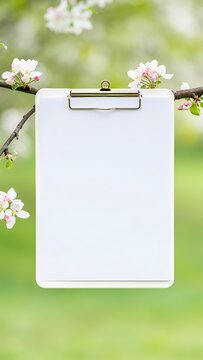 Blank Paper Mockup Hanging on Flower Branch in Nature