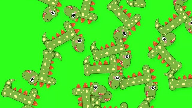 Cartoon Dinosaur Letter I Objects Falling on Green Screen Background