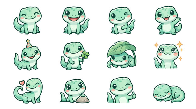 Adorable green lizard emoji and sticker collection.