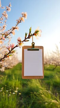 Blank Paper Mockup Hanging on Flower Branch in Nature