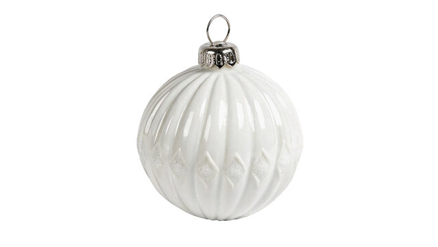 Elegant white ribbed glass christmas bauble ornament isolated on transparent background
