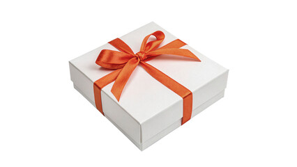 Elegant white gift box with bright orange ribbon isolated on transparent background © Hanna