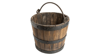 Rustic vintage wooden bucket water pail with handle isolated on transparent background © Hanna