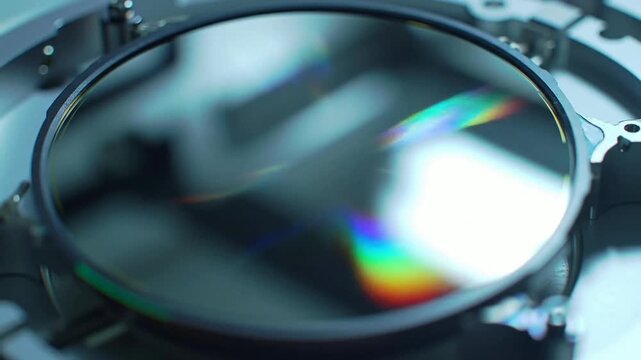 Close-Up View of Optical Filter Displaying Rainbow Reflections in a Technological Industrial Setting with Precision Engineering and Modern Equipment