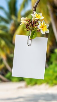 Blank Paper Mockup Hanging on Flower Branch in Nature