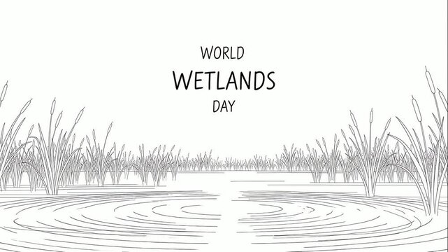 Black and white wetlands landscape drawing.