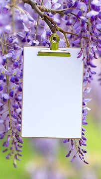 Blank Paper Mockup Hanging on Flower Branch in Nature