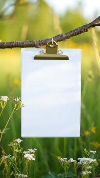 Blank Paper Mockup Hanging on Flower Branch in Nature