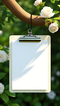 Blank Paper Mockup Hanging on Flower Branch in Nature