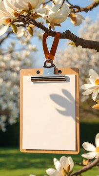 Blank Paper Mockup Hanging on Flower Branch in Nature