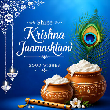 krishna janmashtami blue wishes card with matki and peacock feather