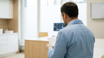 Fototapeta premium Over the shoulder shot of a young male doctor holding a medicine leaflet, studying a new composition of a medical drug, reading the therapy prescription, healthcare concept. Copy space