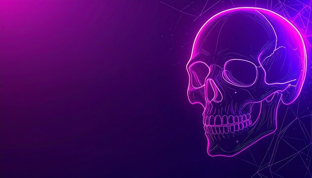 Neon Skull Outline on Dark Purple Background with Glowing Edges.